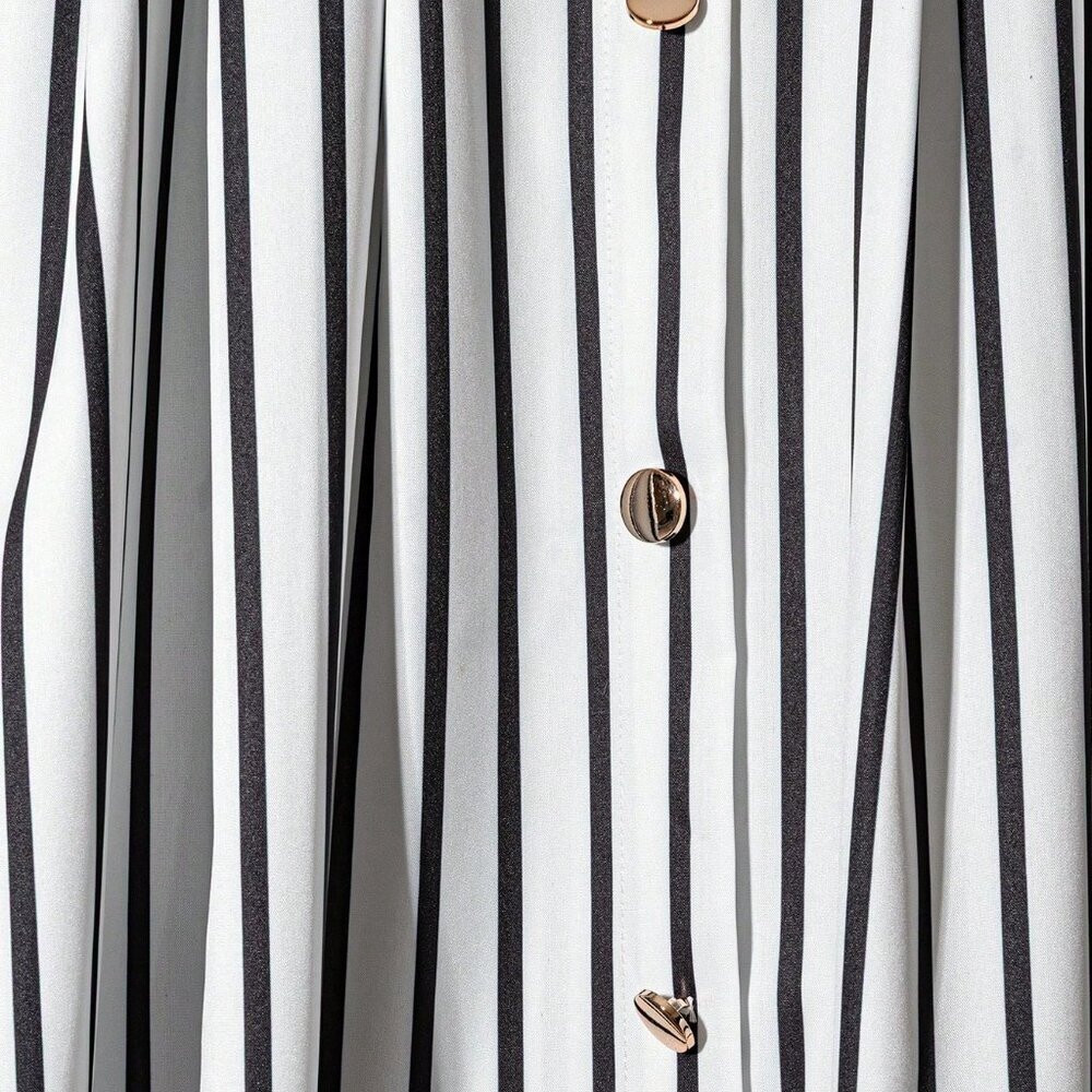 Black And White Casual Women's Pleated Maxi Skirt With Faux Leather Belt - Picture 4 of 6